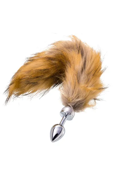 Анальная втулка TOYFA Metall, металл, серебристая, с большим рыжим хвостом, 6 см, Ø 2,9 см